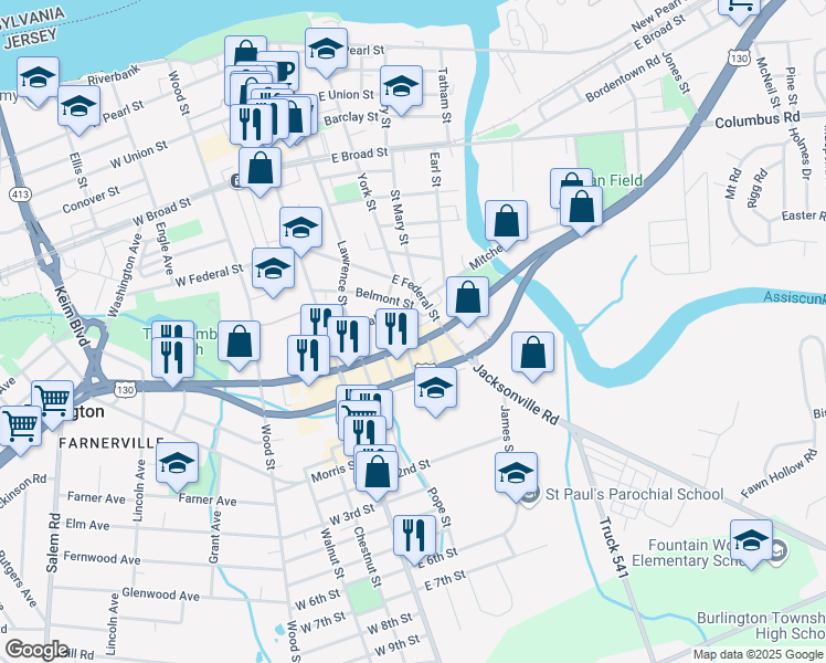 map of restaurants, bars, coffee shops, grocery stores, and more near 201 U.S. 130 in Burlington