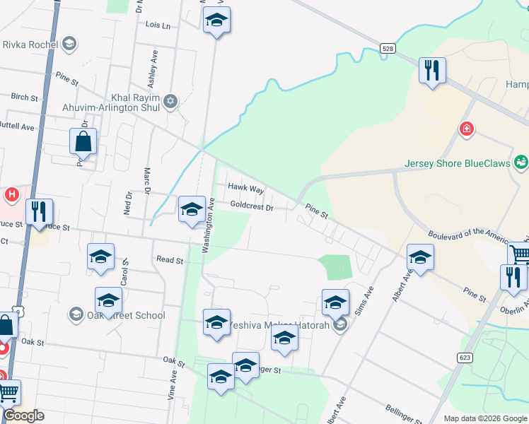 map of restaurants, bars, coffee shops, grocery stores, and more near 26 Goldcrest Drive in Lakewood