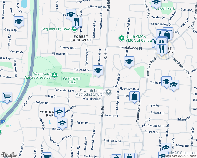 map of restaurants, bars, coffee shops, grocery stores, and more near 5151 Karl Road in Columbus