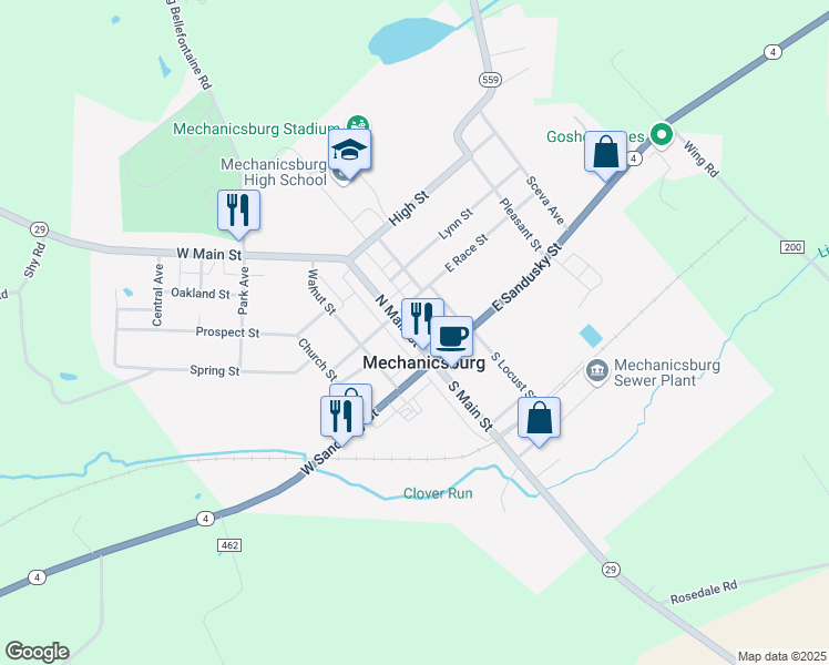 map of restaurants, bars, coffee shops, grocery stores, and more near 28 North Main Street in Mechanicsburg