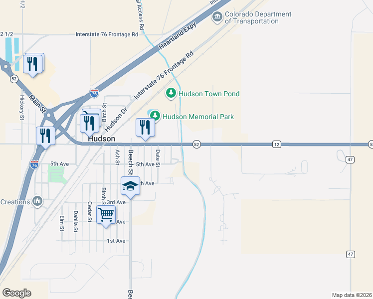 map of restaurants, bars, coffee shops, grocery stores, and more near 14320 State Highway 52 in Hudson
