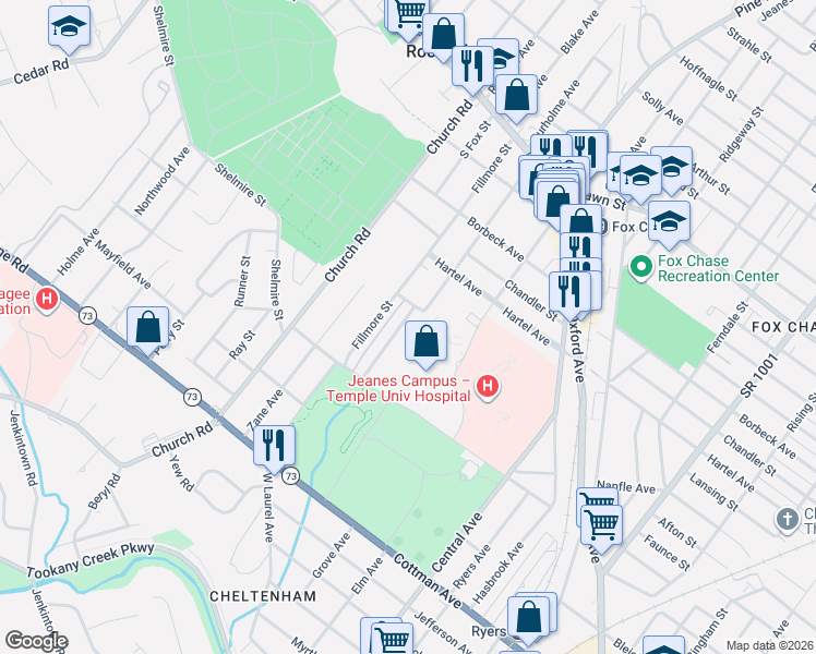 map of restaurants, bars, coffee shops, grocery stores, and more near 7641 Burholme Avenue in Philadelphia