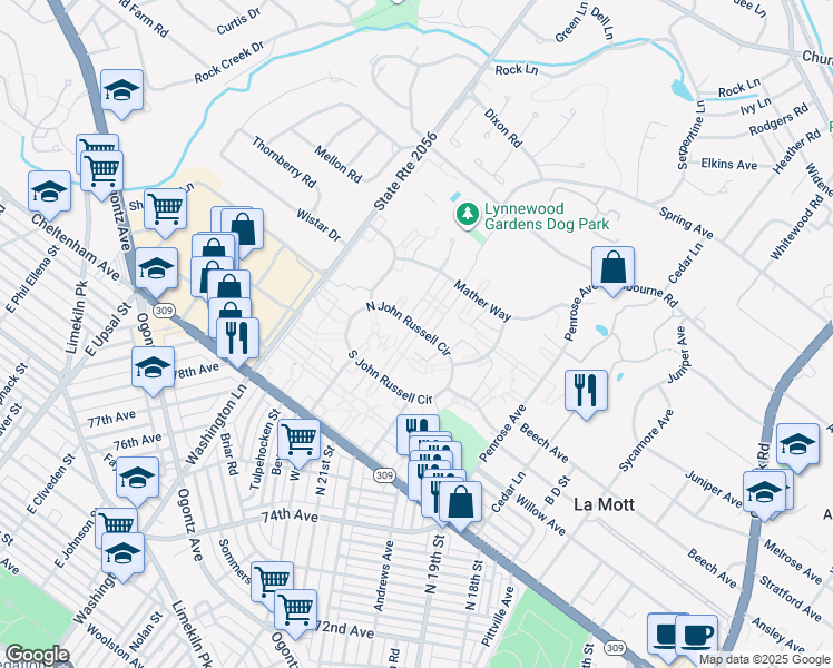 map of restaurants, bars, coffee shops, grocery stores, and more near 2030-2040 North John Russell Circle in Elkins Park
