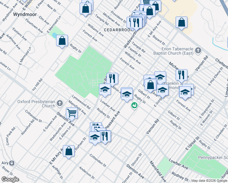 map of restaurants, bars, coffee shops, grocery stores, and more near 1130 East Sydney Street in Philadelphia