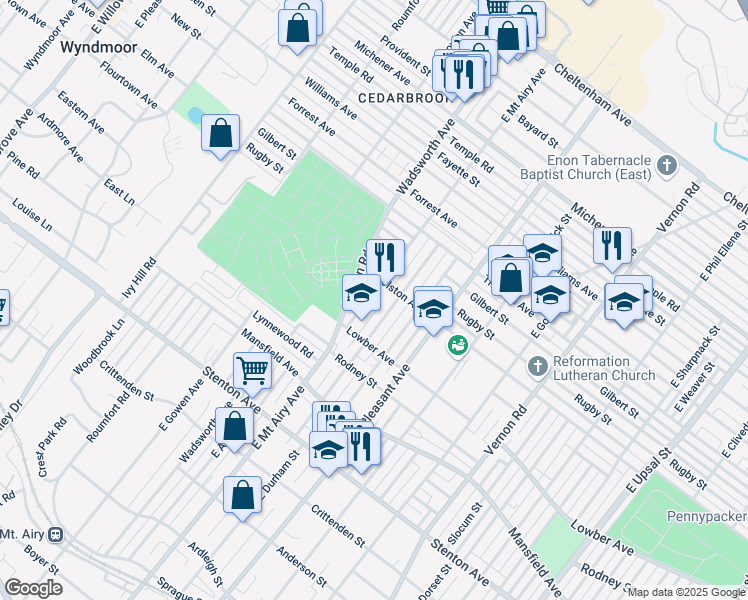 map of restaurants, bars, coffee shops, grocery stores, and more near 1130 East Sydney Street in Philadelphia