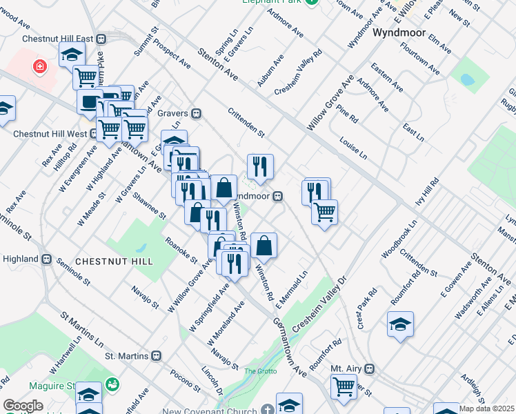 map of restaurants, bars, coffee shops, grocery stores, and more near 7916 Ardleigh Street in Philadelphia