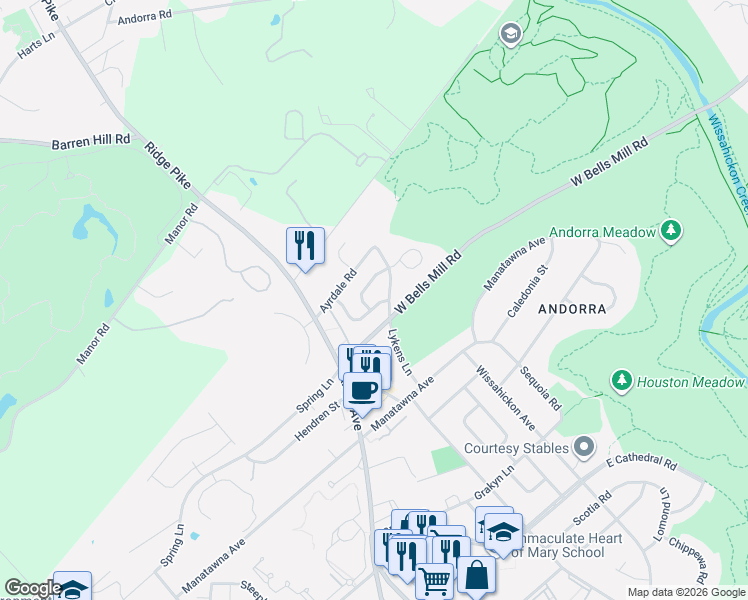 map of restaurants, bars, coffee shops, grocery stores, and more near 847 Green Valley Drive in Philadelphia