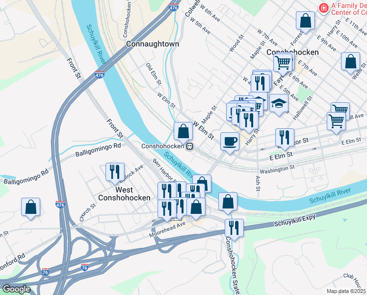 map of restaurants, bars, coffee shops, grocery stores, and more near 101 Washington Street in Conshohocken