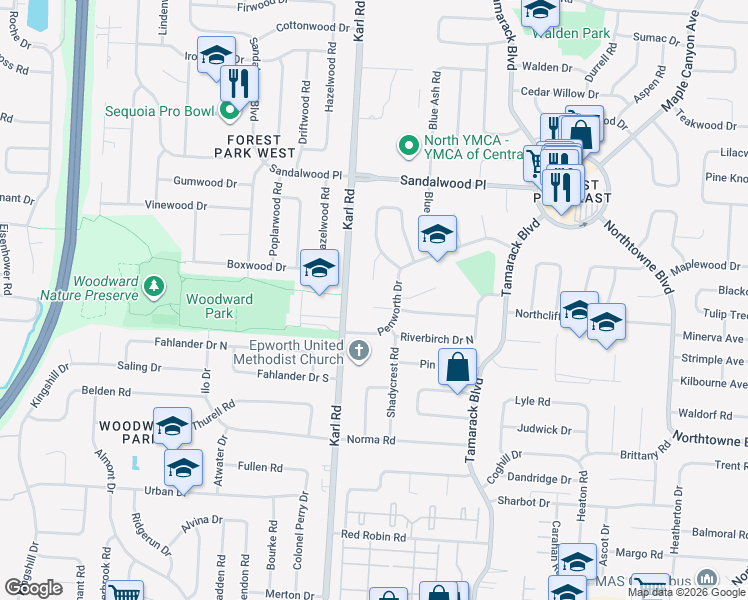 map of restaurants, bars, coffee shops, grocery stores, and more near 1603 Sugarmaple Court in Columbus