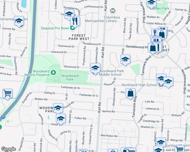 map of restaurants, bars, coffee shops, grocery stores, and more near 5151 Karl Road in Columbus