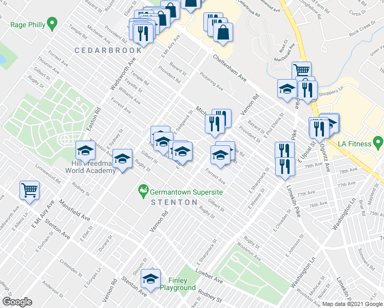 map of restaurants, bars, coffee shops, grocery stores, and more near 8035 Forrest Avenue in Philadelphia