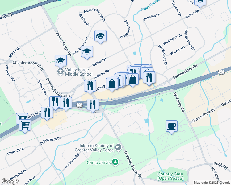 map of restaurants, bars, coffee shops, grocery stores, and more near 145 East Swedesford Road in Wayne