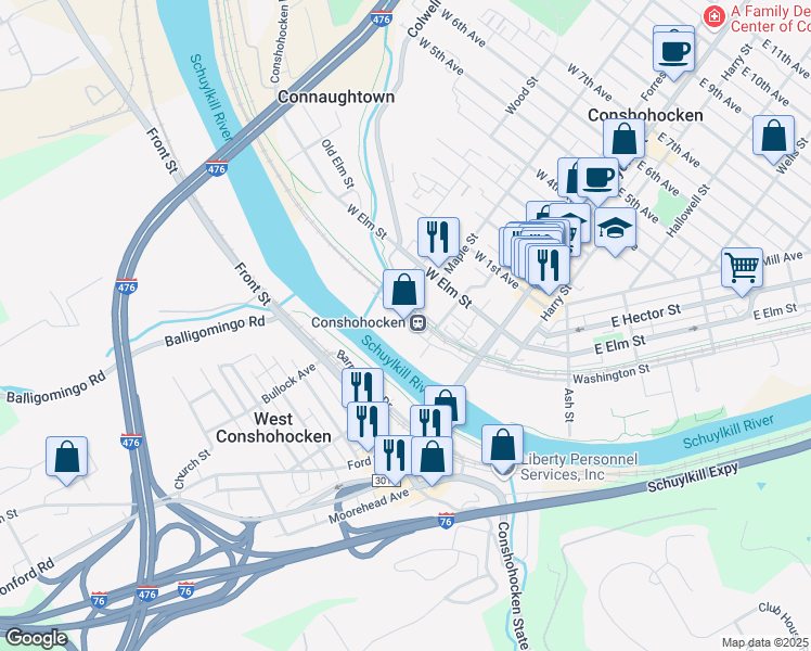 map of restaurants, bars, coffee shops, grocery stores, and more near 101 Washington Street in Conshohocken