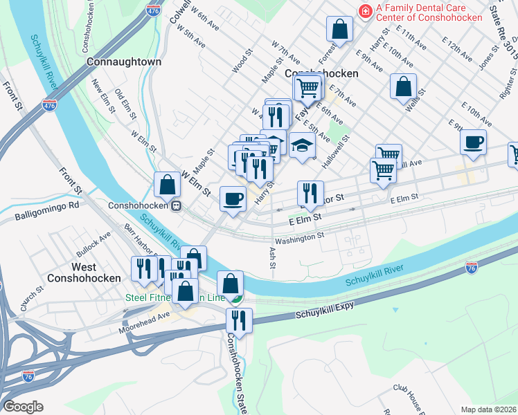 map of restaurants, bars, coffee shops, grocery stores, and more near 43 Harry Street in Conshohocken