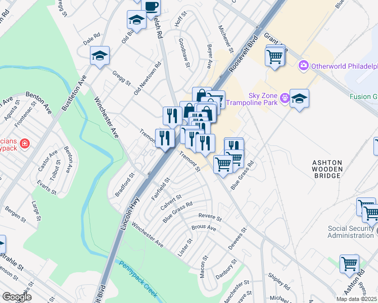 map of restaurants, bars, coffee shops, grocery stores, and more near 8955 Fairfield Street in Philadelphia