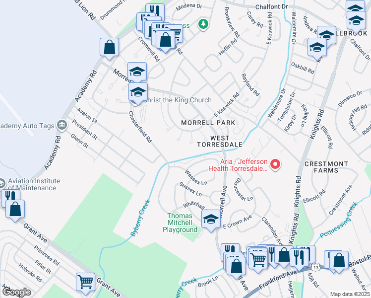 map of restaurants, bars, coffee shops, grocery stores, and more near 3280 Morrell Avenue in Philadelphia
