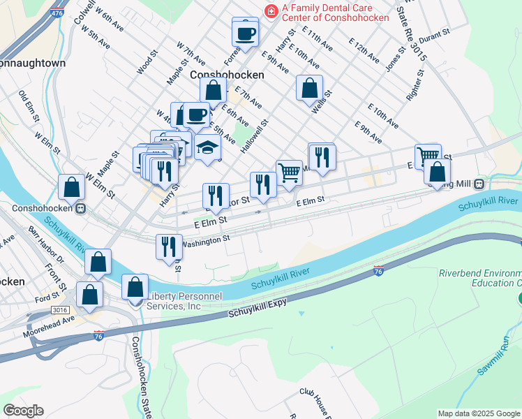 map of restaurants, bars, coffee shops, grocery stores, and more near 376 East Elm Street in Conshohocken