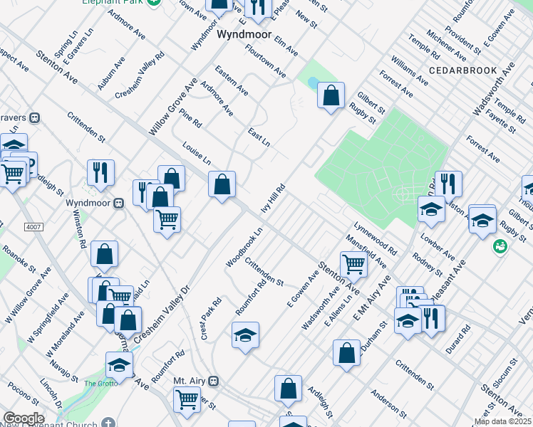 map of restaurants, bars, coffee shops, grocery stores, and more near 907 Woodbrook Lane in Philadelphia