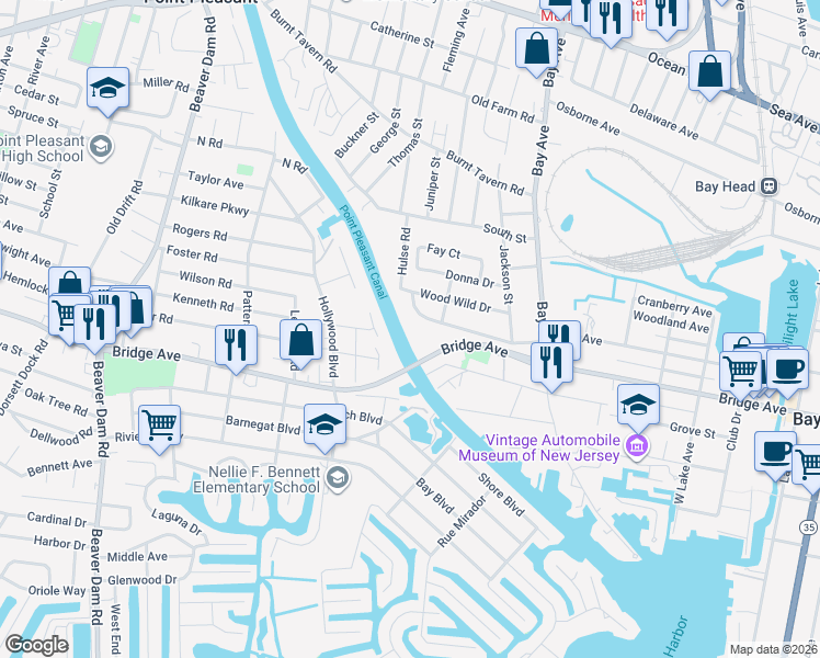 map of restaurants, bars, coffee shops, grocery stores, and more near 1641 Elm Avenue in Point Pleasant