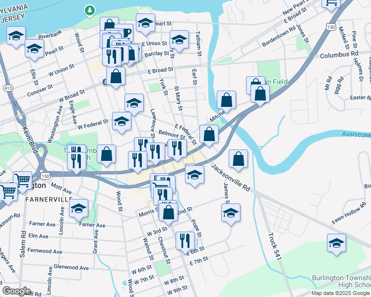 map of restaurants, bars, coffee shops, grocery stores, and more near 201 U.S. 130 in Burlington