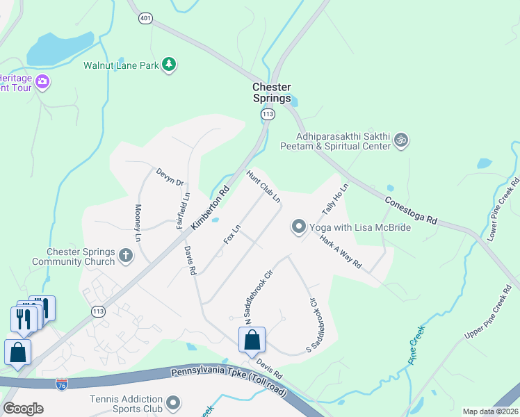 map of restaurants, bars, coffee shops, grocery stores, and more near 771 Hunt Club Lane in Chester Springs