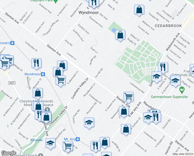 map of restaurants, bars, coffee shops, grocery stores, and more near 907 Woodbrook Lane in Philadelphia