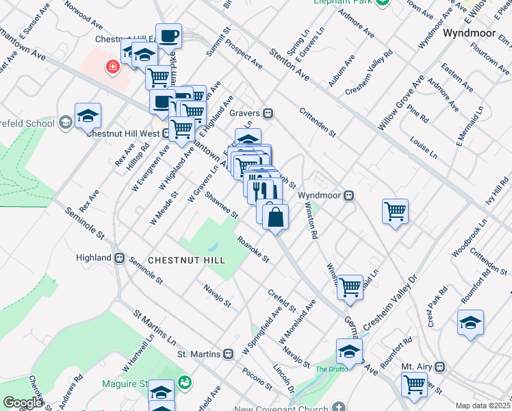 map of restaurants, bars, coffee shops, grocery stores, and more near 8142 Germantown Avenue in Philadelphia