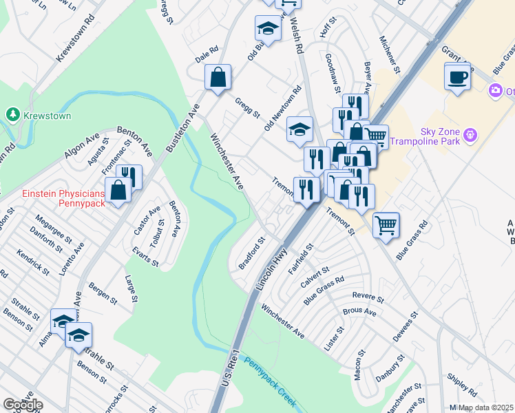 map of restaurants, bars, coffee shops, grocery stores, and more near 2301 Winchester Avenue in Philadelphia