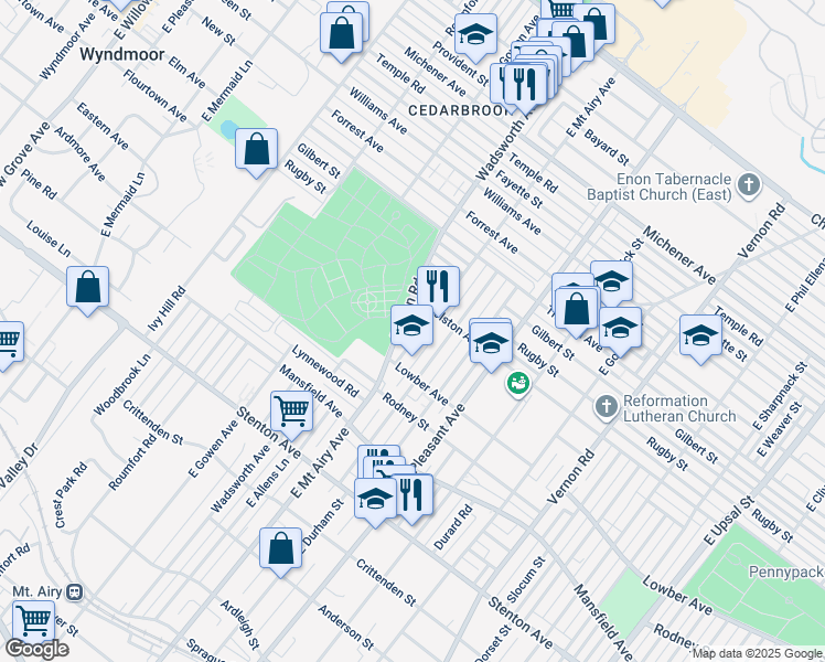 map of restaurants, bars, coffee shops, grocery stores, and more near 1129 East Mount Airy Avenue in Philadelphia