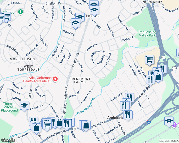 map of restaurants, bars, coffee shops, grocery stores, and more near 160 Dimarco Drive in Philadelphia