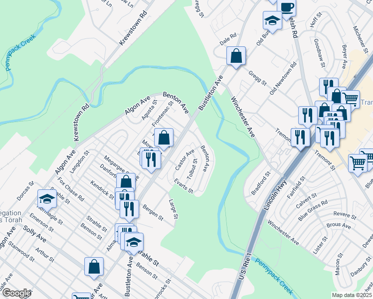 map of restaurants, bars, coffee shops, grocery stores, and more near 8570 Tolbut Street in Philadelphia