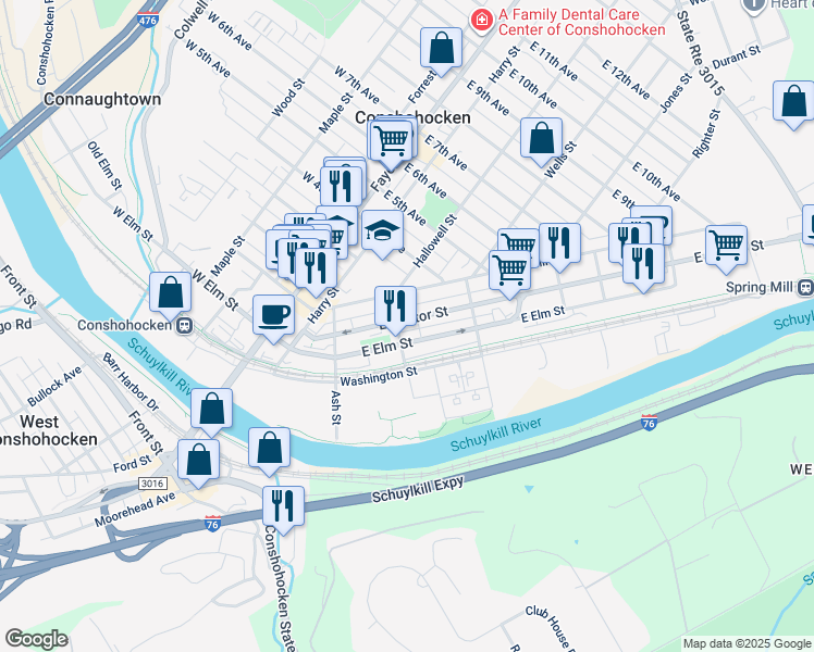 map of restaurants, bars, coffee shops, grocery stores, and more near 313 State Route 3059 in Conshohocken