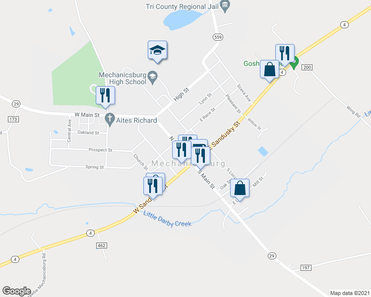 map of restaurants, bars, coffee shops, grocery stores, and more near 28 North Main Street in Mechanicsburg