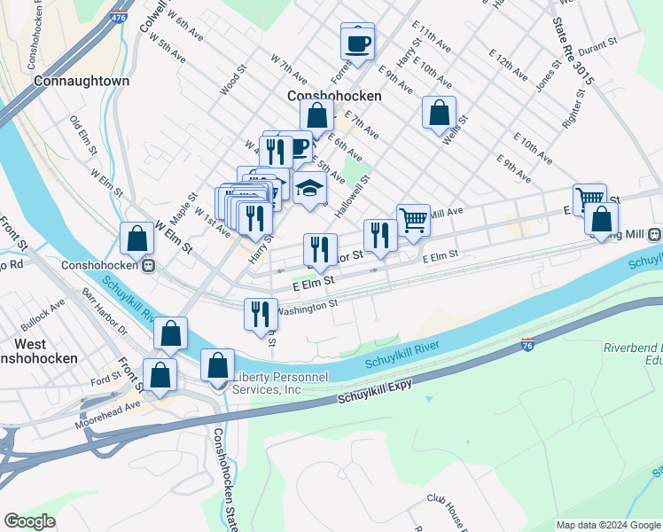 map of restaurants, bars, coffee shops, grocery stores, and more near 313 East Hector Street in Conshohocken