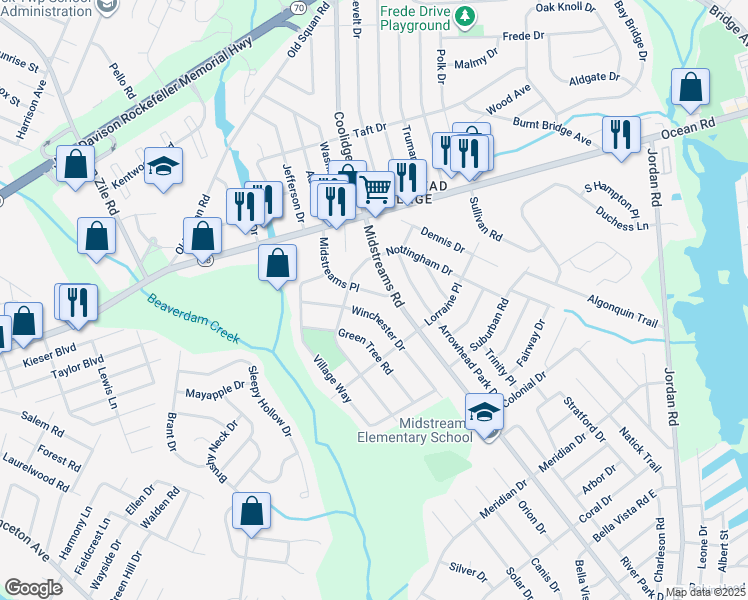map of restaurants, bars, coffee shops, grocery stores, and more near 105 Midstreams Place in Brick Township