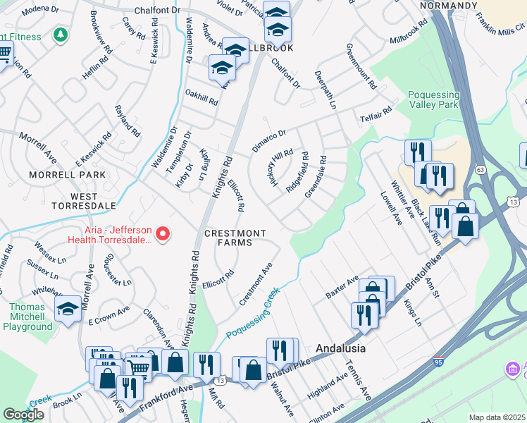 map of restaurants, bars, coffee shops, grocery stores, and more near 160 Dimarco Drive in Philadelphia