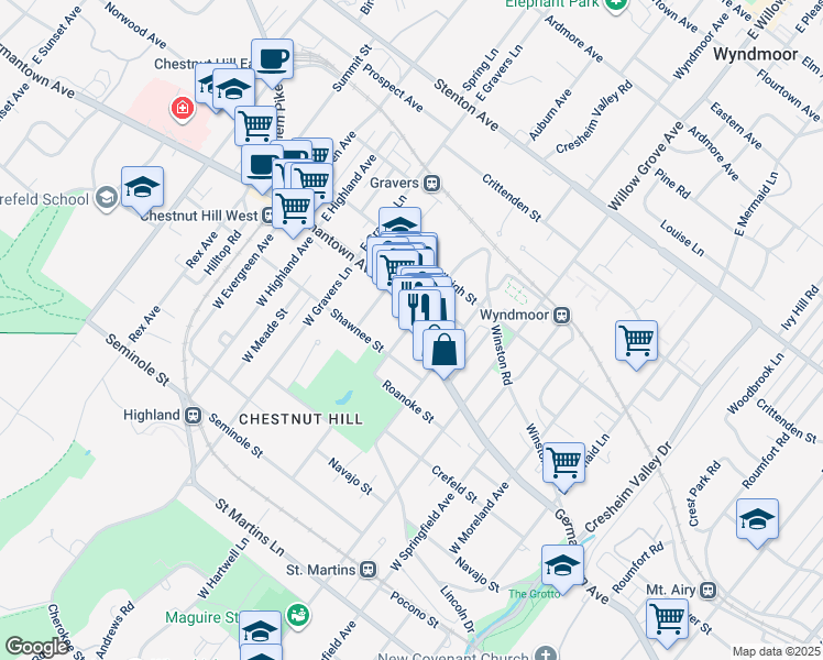 map of restaurants, bars, coffee shops, grocery stores, and more near 8142 Germantown Avenue in Philadelphia