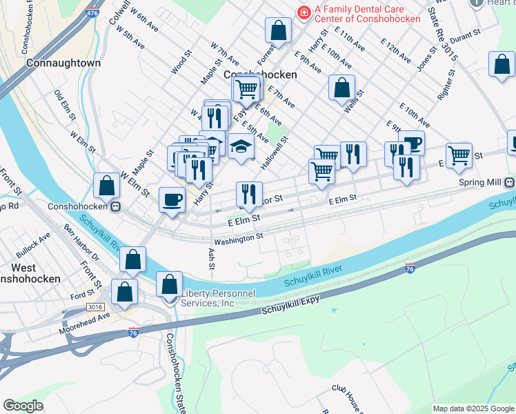 map of restaurants, bars, coffee shops, grocery stores, and more near 313 East Hector Street in Conshohocken