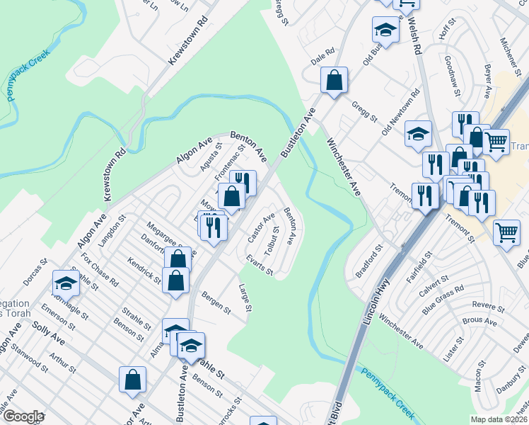 map of restaurants, bars, coffee shops, grocery stores, and more near 8570 Tolbut Street in Philadelphia