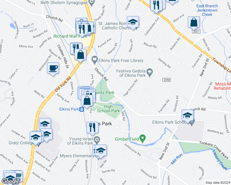 map of restaurants, bars, coffee shops, grocery stores, and more near in Elkins Park