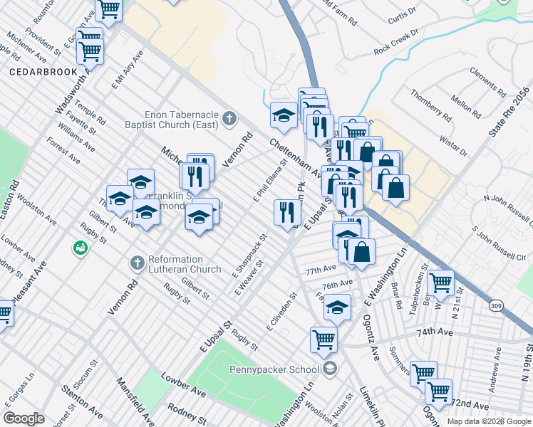 map of restaurants, bars, coffee shops, grocery stores, and more near 7824 Provident Road in Philadelphia
