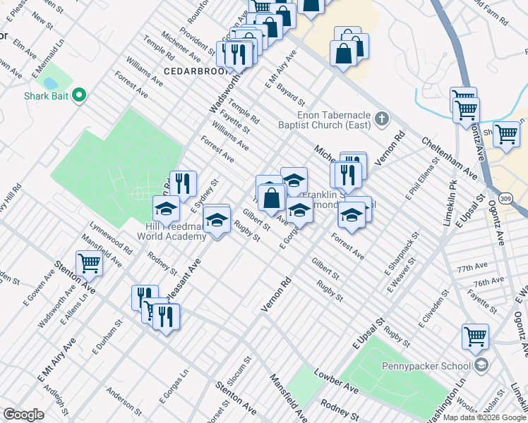 map of restaurants, bars, coffee shops, grocery stores, and more near 8112 Gilbert Street in Philadelphia