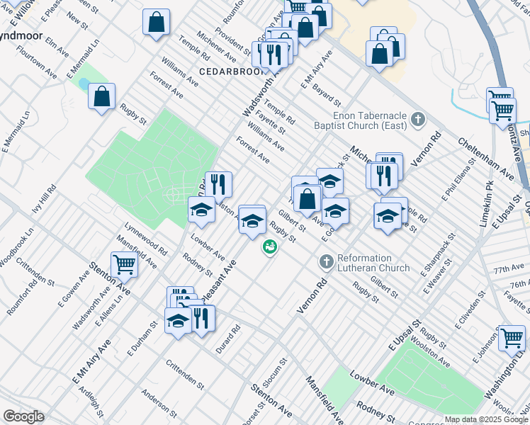 map of restaurants, bars, coffee shops, grocery stores, and more near 8128 Rugby Street in Philadelphia