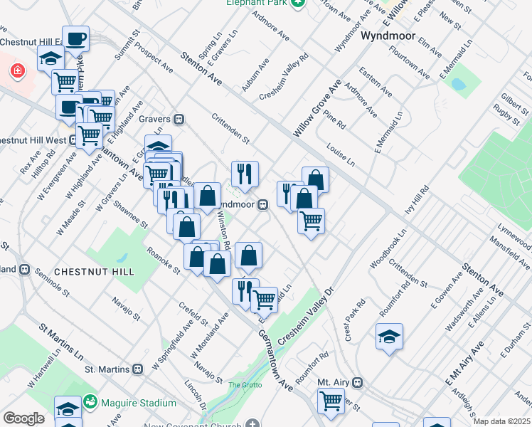 map of restaurants, bars, coffee shops, grocery stores, and more near 240 Springfield Avenue in Philadelphia