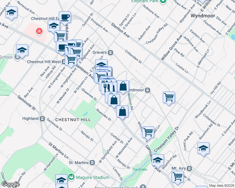 map of restaurants, bars, coffee shops, grocery stores, and more near 22 East Abington Avenue in Philadelphia