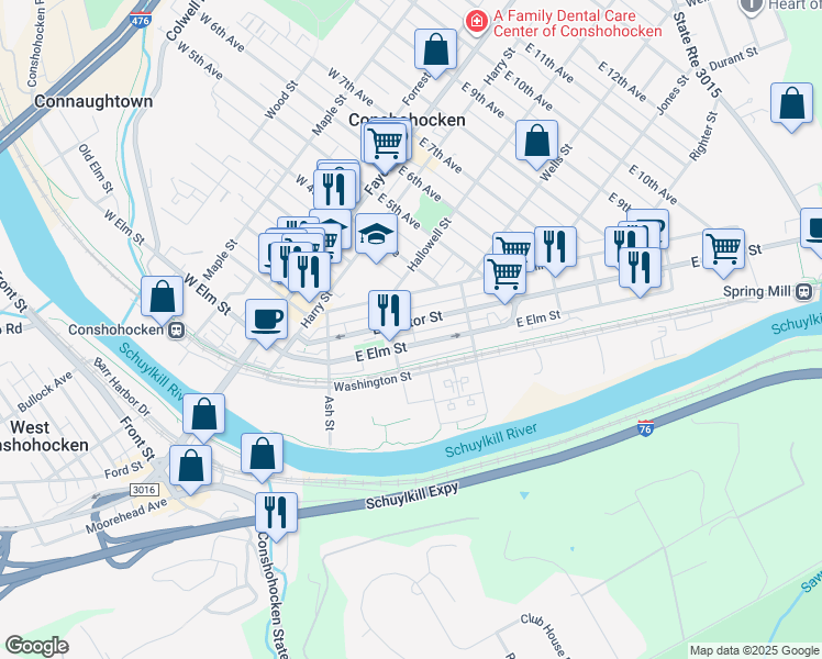 map of restaurants, bars, coffee shops, grocery stores, and more near 313 State Route 3059 in Conshohocken