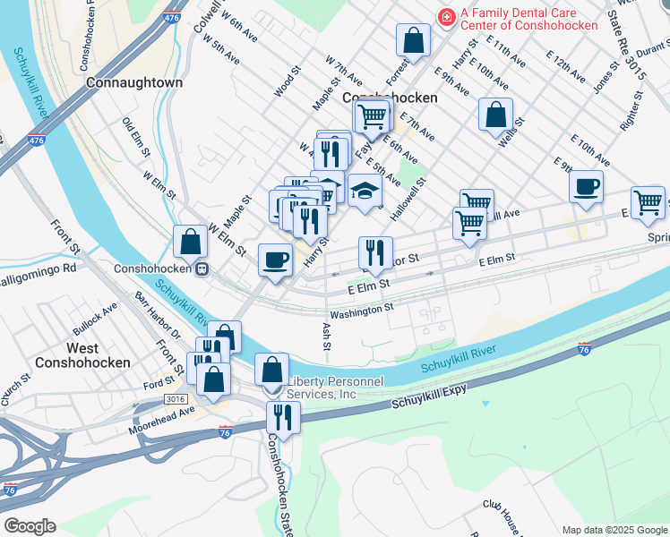 map of restaurants, bars, coffee shops, grocery stores, and more near 203 East Hector Street in Conshohocken