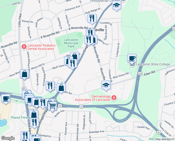 map of restaurants, bars, coffee shops, grocery stores, and more near 600 East Roseville Road in Lancaster