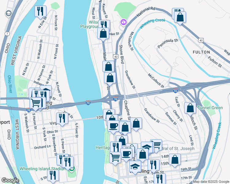 map of restaurants, bars, coffee shops, grocery stores, and more near 838 Main Street in Wheeling