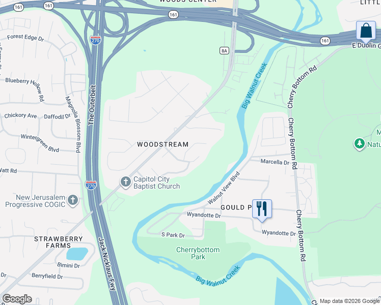 map of restaurants, bars, coffee shops, grocery stores, and more near 4824 Woodstream Court in Columbus